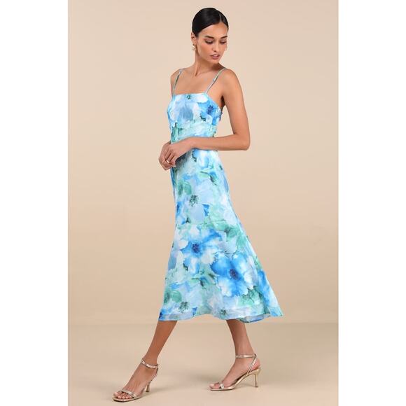 NWT Lulus Radiant Feelings Blue and Green Floral Chiffon Midi Dress Cocktail M - Picture 1 of 8